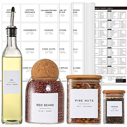 308 Kitchen Pantry Labels for Food Containers, 3 Sizes White Minimalist Labels for Organizing, Food Label for Jars, Storage Bins, Preprinted Waterproof Pantry Label for Containers